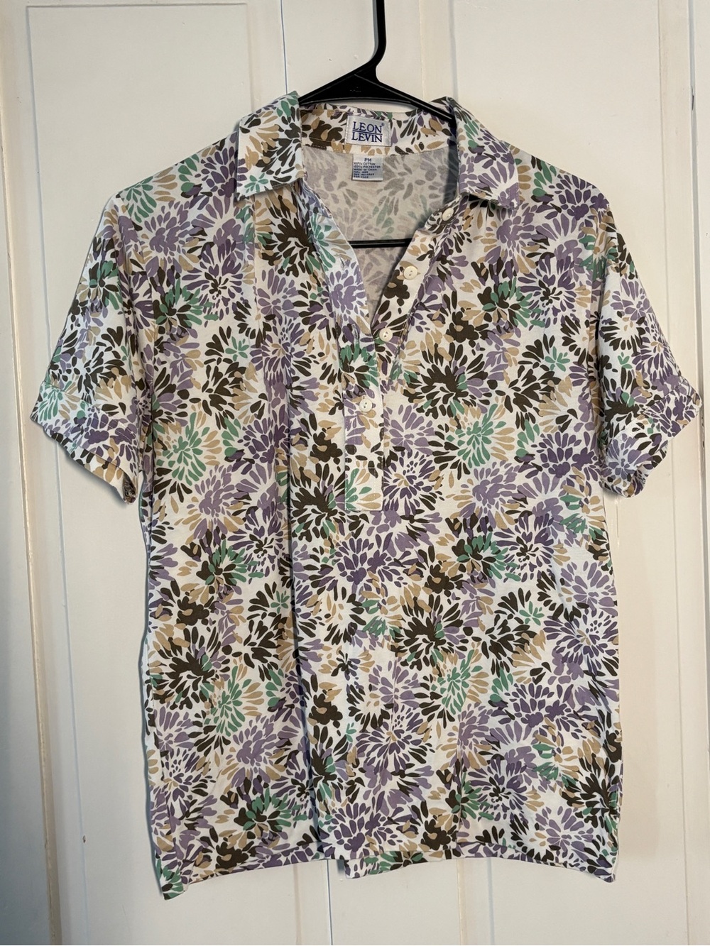 Vintage Leon Levin Cotton Blend Polo Top Earth-tone Florals Allover Print 90’s
